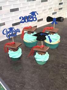 12pcs Congrats Grad 2026 Cake Toppers - Graduation Diploma & Cap Cake Decorations For High School, College 2026 Graduation Party - Blue Black - View 4