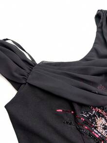 SUPGIR Women's Round Neck Flowy Sleeve Sequin Embroidery Fitted Chiffon Evening Dress - Black - View 8