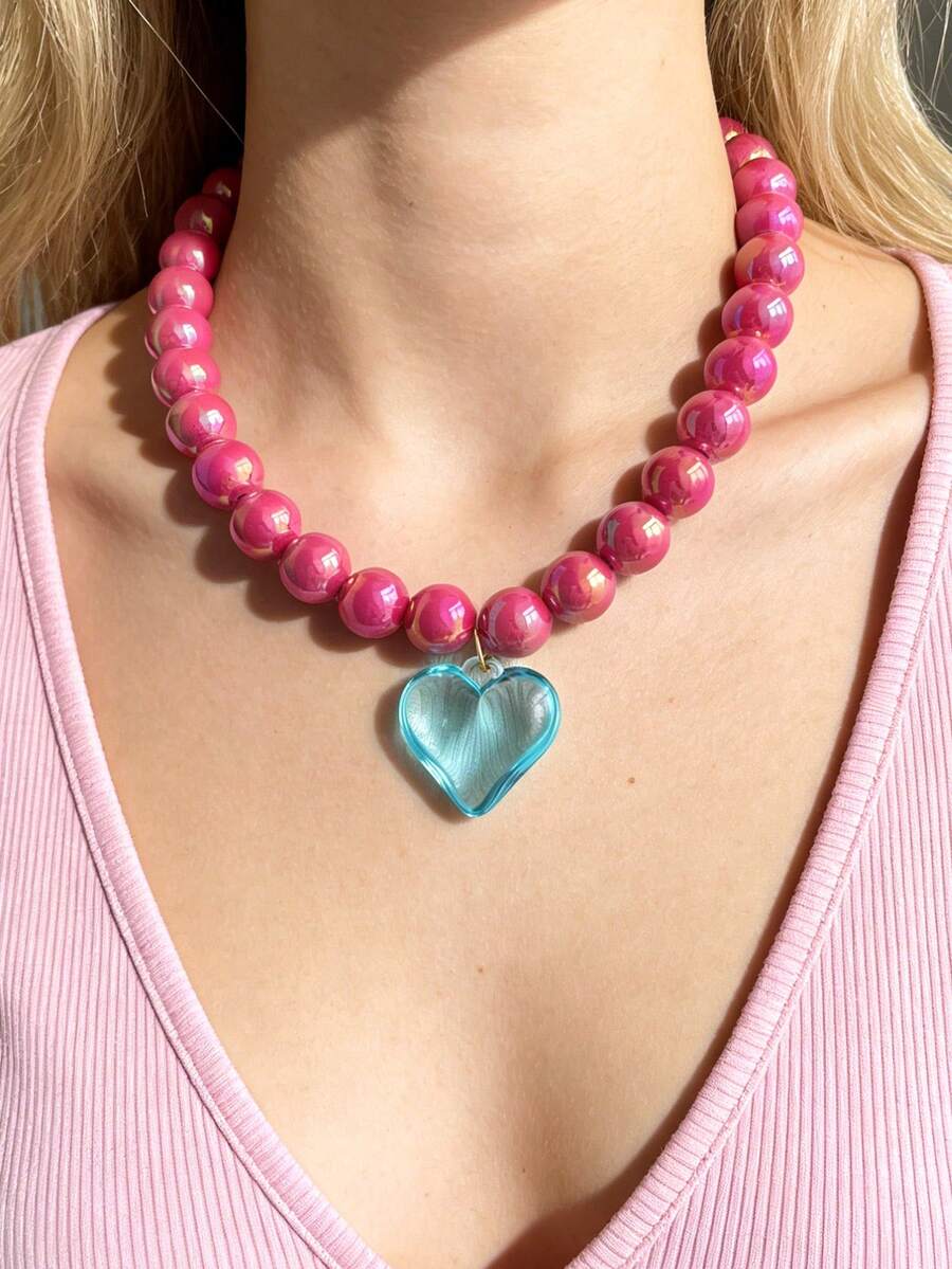1 pieza Collar con colgante de corazón grande de resina con cuentas, de estilo bohemio, creativo, elegante y minimalista, adecuado para mujeres, hermanas, parejas, bailes de graduación o fiestas, regalo perfecto para uso diario, citas, fiestas, bodas, vacaciones o playa en verano