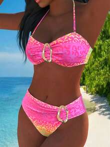 渐变豹纹露背挂脖开衩比基尼套装，适合海滩度假泳装 - 漸變玫紅黃 - 查看 5