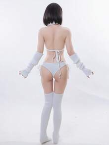 Virgin Killer Sweater, Lolita Knit Top, Dango Girl Cosplay, Sexy Cosplay Outfit, Anime Costume Women, Halloween Party Outfit, Open Back Sweater, Arm Cover Socks Set - 白色 - 查看 3