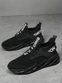 A Pair Of Men's Breathable Mesh Knit Casual Running Shoes, Suitable For All Seasons And Unisex - Black - View 7