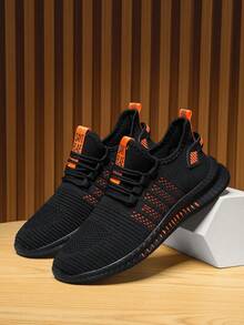 A Pair Of Men's Fashionable Breathable Knit Casual Sports Running Shoes, Suitable For Outdoor And Gym Use, All-Season And Unisex - Black Orange - View 2