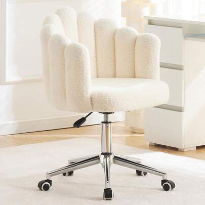 AYAYM Vanity Chair With Teddy Lamb Fleece Modern Home Chair Adjustable Height And Rolling Wheels Seashell Office Chair With Adjustable 360° Swivel Pink/White