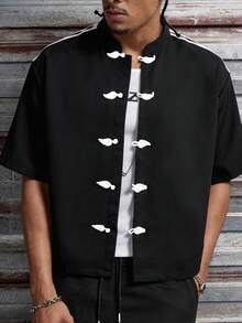 男士纽扣短袖休闲宽松衬衫 - 黑色 - 查看 6