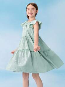 Balabala 女童公主裙 荷叶袖 蓬蓬裙 甜美梦幻派对生日礼服 2026夏季款 - 粉綠 - 查看 2