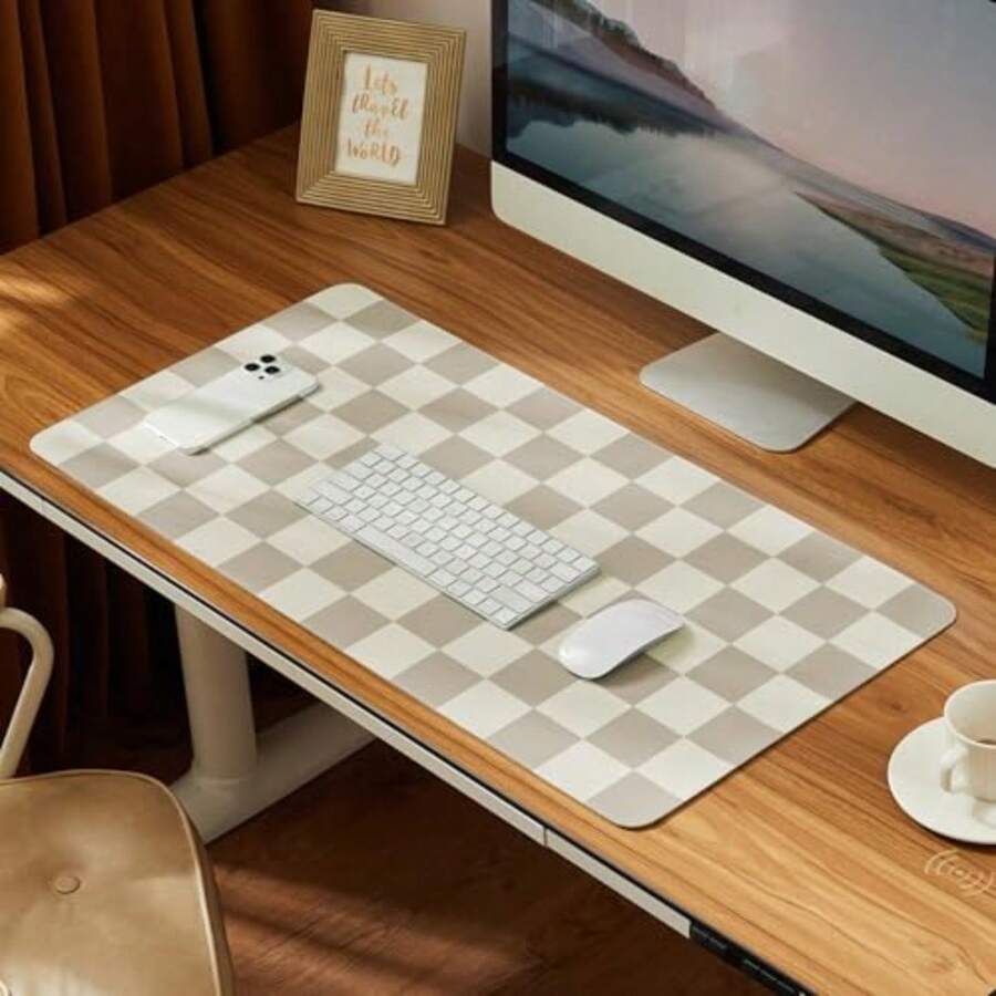 Checkered Desk Mat Large Cute Aesthetic Retro PU Leather Computer Laptop Desk Mat Non-Slip Proof Mouse Keyboard Pad Desk Writing Mat For Work/Home Khaki 23.6" X 13.7" - Khaki - View 1