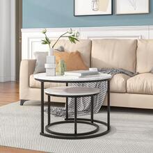 Nesting Coffee Table Set Of 2, Round White Marble Coffee Table, Nesting Tables For Living Room, Space Saving Side Tables With Metal Frame - Black - View 3