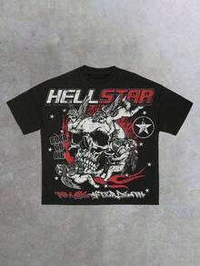 T Shirt Print ,Graphic-Cotton Tees Size Plus, Cartoon Round Neck Short Sleeve, Men's 100% Cotton Graphic Tee, Crew Neck Short Sleeve Casual T-Shirt With "HELLSTARs" Bold Letter Print, Skull And Angels Graphic, Graphic Streetwear, Comfortable Soft & Breathable For Summer,Daily Wear & Going Out,Regular Fit, Durable Fabric,Ideal Gifts For Men,Y2K,Oversized Shirt Men,With Shirt,Summer Tops,Shirt Suitable - Black - View 1