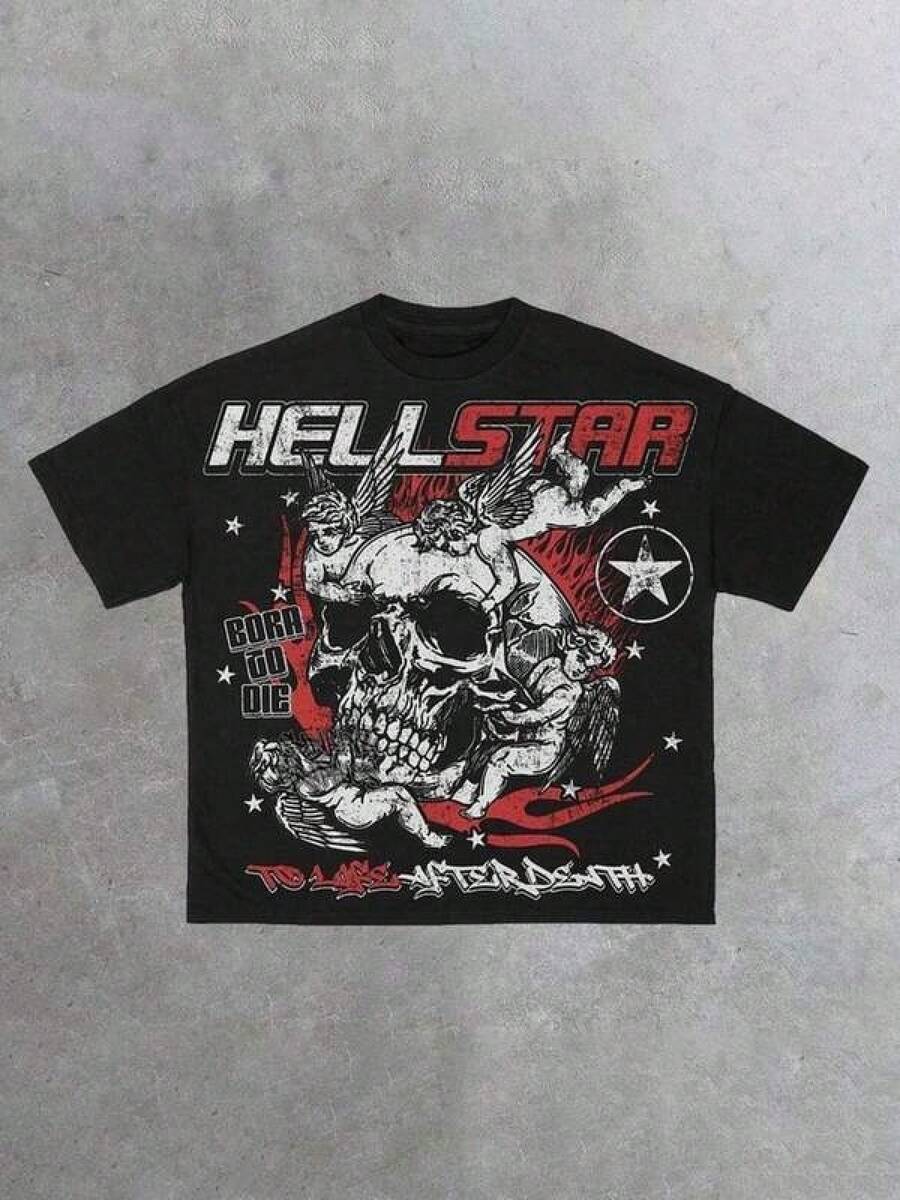 T Shirt Print ,Graphic-Cotton Tees Size Plus, Cartoon Round Neck Short Sleeve, Men's 100% Cotton Graphic Tee, Crew Neck Short Sleeve Casual T-Shirt With "HELLSTARs" Bold Letter Print, Skull And Angels Graphic, Graphic Streetwear, Comfortable Soft & Breathable For Summer,Daily Wear & Going Out,Regular Fit, Durable Fabric,Ideal Gifts For Men,Y2K,Oversized Shirt Men,With Shirt,Summer Tops,Shirt Suitable - Black - View 1