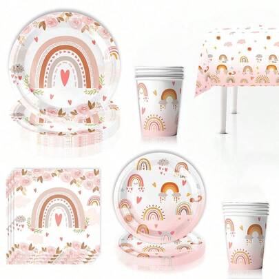 Juego de vajilla desechable estilo boho con flores y arcoíris - para 10 invitados, incluye platos de 9/7 pulgadas, vasos de 9 onzas, servilletas y mantel, adecuado para fiestas de cumpleaños, fiestas de niñas y reuniones de primavera