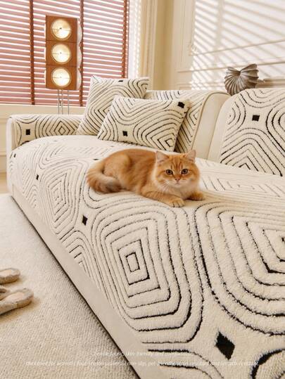 1 pièce Coussin de canapé en jacquard à motif côtelé en peluche, antidérapant, résistant à l'usure, adapté aux animaux de compagnie et résistant aux taches. Convient pour un canapé de 1 à 4 places, protection universelle pour toutes les saisons, lavable en machine.