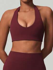 Women's Halter Neck Twist Backless Fitness Yoga Sports Bra With Chest Pad Athletic Training Gym Workout Activewear - Burgundy - View 3