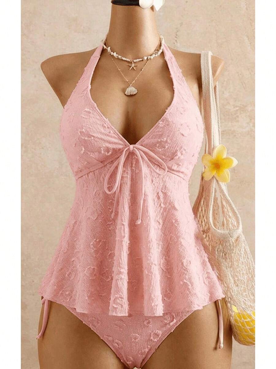 2026 European & American Style Lace Bikini, Halter Tie Ruffle Hem Tummy Control Two Piece Swimsuit For Hot Spring & Beach - 淺粉色 - 查看 1