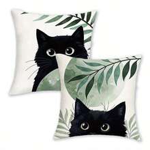 2pcs/Set Of Adorable Black Cat Print Pillow Covers, 45x45cm, Comfortable Polyester Decorative Pillowcases With Bohemian Sage Green Botanical Pattern, Zipper Closure, Single-Sided Printed Cushion Cover, Ideal For Living Room, Patio, Sofa, Home Decor, No Pillow Core - Set C - View 9