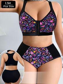 Plus Size Floral Print Front Closure Bra With Adjustable Straps & Panty Set - Black - View 4