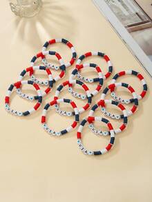 Set de 12 piezas de pulseras elásticas de arcilla suave con cuentas de letras de estilo country en colores variados, adecuadas para la Copa del Mundo, regalos, uso diario - Multicolor - Ver 4