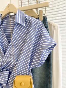 Áo kiểu dáng thanh lịch, ôm sát, cổ chữ V, tay ngắn, phối nơ eo, màu xanh dương và trắng kẻ sọc, dành cho nữ, thích hợp cho mùa hè. - Xanh và trắng - Xem 5