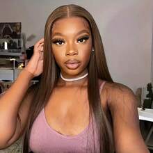 8-34英寸 #4 13x4 蕾丝前假发，真人前额发丝，棕色直发，高清蕾丝假发，200密度 #4 棕色，预先拔毛，自然发际线，混合发丝，巴西直发 #4 无胶蕾丝前假发，适合女性参加派对、节日和日常佩戴 - 棕色 - 查看 8