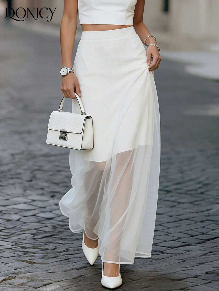 DONICY 女士白色半身裙，高腰多层薄纱半身裙，飘逸透视A字裙 - 白色 - 查看 1