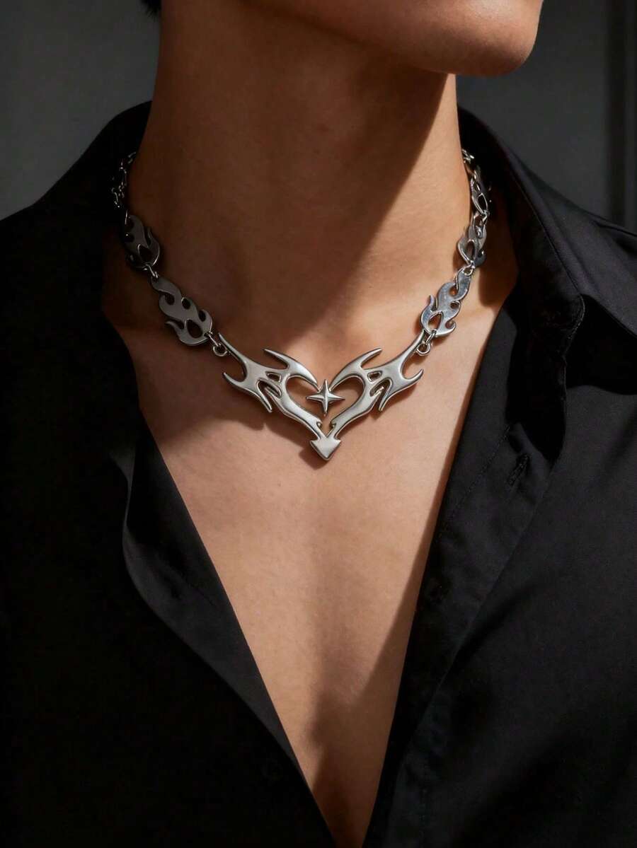1pc Silver Punk Gothic Stylish Accessory, Iron Wire Flame Heart Pendant Necklace, Suitable For Men, Halloween Gift, Party Gift, Holiday Gift - Multicolor - View 1