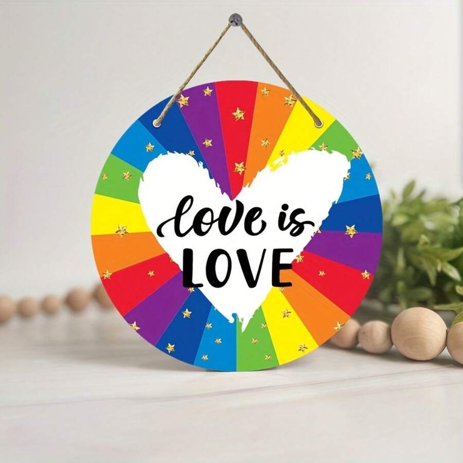 Rainbow Wreath Sign Surrounded By Hearts - Art Deco Style Pride Month Hanging Decoration, Wooden Front Door Decorative Sign, 8x8inch Wall Decoration, Suitable For General Occasions, No Electricity Required, No Feathers - A - 查看 1