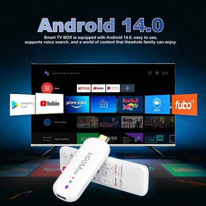 全新安卓14智能控制电视棒，支持语音控制、4K超高清、2GB RAM+16GB ROM、64位全志处理器、3D USB Type-C接口、双频2.4/5GHz Wi-Fi 6、无线5.0、智能控制界面和迷你USB接口