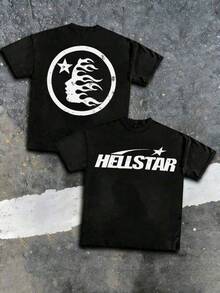 T Shirt Print ,Graphic-Cotton Tees Size Plus, Cartoon Round Neck Short Sleeve, Hellstars Star Logo Flame Silhouette Retro T-Shirt Double Sided Printed (220g 100% Cotton T-Shirt), Summer Clothes, Men's Tops, Casual And Comfortable, Fashionable Graphic Tee, Unisex Style,Y2K,Oversized Shirt Men,With Shirt,Summer Tops,Shirt Suitable - Black - View 1