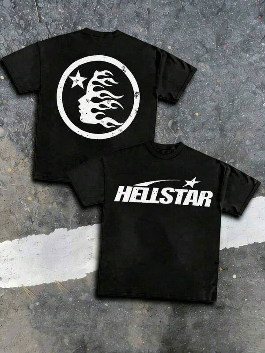 T Shirt Print ,Graphic-Cotton Tees Size Plus, Cartoon Round Neck Short Sleeve, Hellstars Star Logo Flame Silhouette Retro T-Shirt Double Sided Printed (220g 100% Cotton T-Shirt), Summer Clothes, Men's Tops, Casual And Comfortable, Fashionable Graphic Tee, Unisex Style,Y2K,Oversized Shirt Men,With Shirt,Summer Tops,Shirt Suitable - Black - View 1