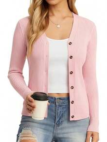 Women's Long Sleeve Button Up Cardigan Sweaters Ribbed Knit Open Front Casual - Pink - View 1
