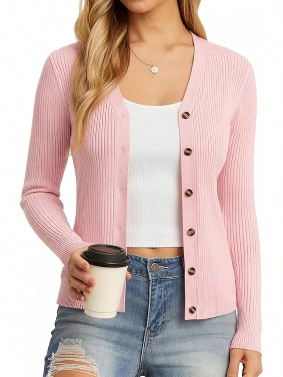 Women's Long Sleeve Button Up Cardigan Sweaters Ribbed Knit Open Front Casual - Pink - View 1