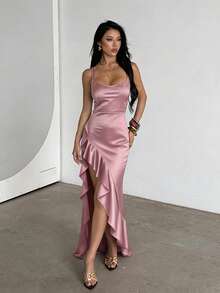 Women Summer Dress, High-End Elegant Sexy Spaghetti Strap Ruffle Hem Slit Dress Party Dress For Women, Suitable For Valentine's Day, Dates, Gatherings, Parties, Travel, Vacation, Beach Wedding Spring - 藕粉色 - 查看 4