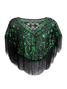 1pc Summer Retro Sequin Tassel Shawl, Versatile Hollow-Out Cape Poncho Shawl For Party - Multicolor - View 4