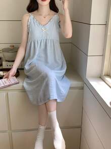2pcs Women's Sleepwear Set, Solid Color V-Neck Ruffle Trim Slip Dress, Sexy Cute Comfortable Casual Style, Easy Care Fabric, Spring/Summer - Blue - View 3