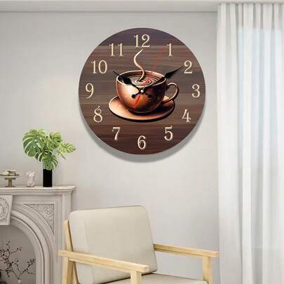 1个10英寸/12英寸金色咖啡主题木质挂钟，圆形静音钟，适用于装饰客厅、卧室、餐厅、厨房，经典家居艺术装饰，办公室咖啡厅装饰（不含电池）