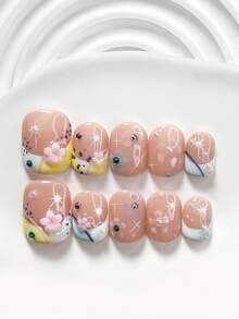 Bộ dụng cụ làm móng tay thủ công kiểu ngọt ngào 10 món, bao gồm bộ dụng cụ làm móng gel, họa tiết hoa 5 cánh màu hồng, họa tiết hoa 5 cánh màu xanh và hồng, họa tiết sọc xanh và trắng, sơn móng tay màu trắng, kèm theo dụng cụ làm móng (1 miếng dán gel + 1 dũa móng), 3 kích cỡ: vuông, vuông ngắn, hình hạnh nhân. - Nhiều màu - Xem 10