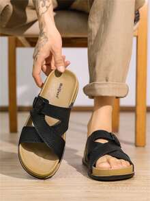 男士可调节交叉绑带凉拖鞋，平底套脚拖鞋，适合夏季休闲穿着 - 黑色 - 查看 2