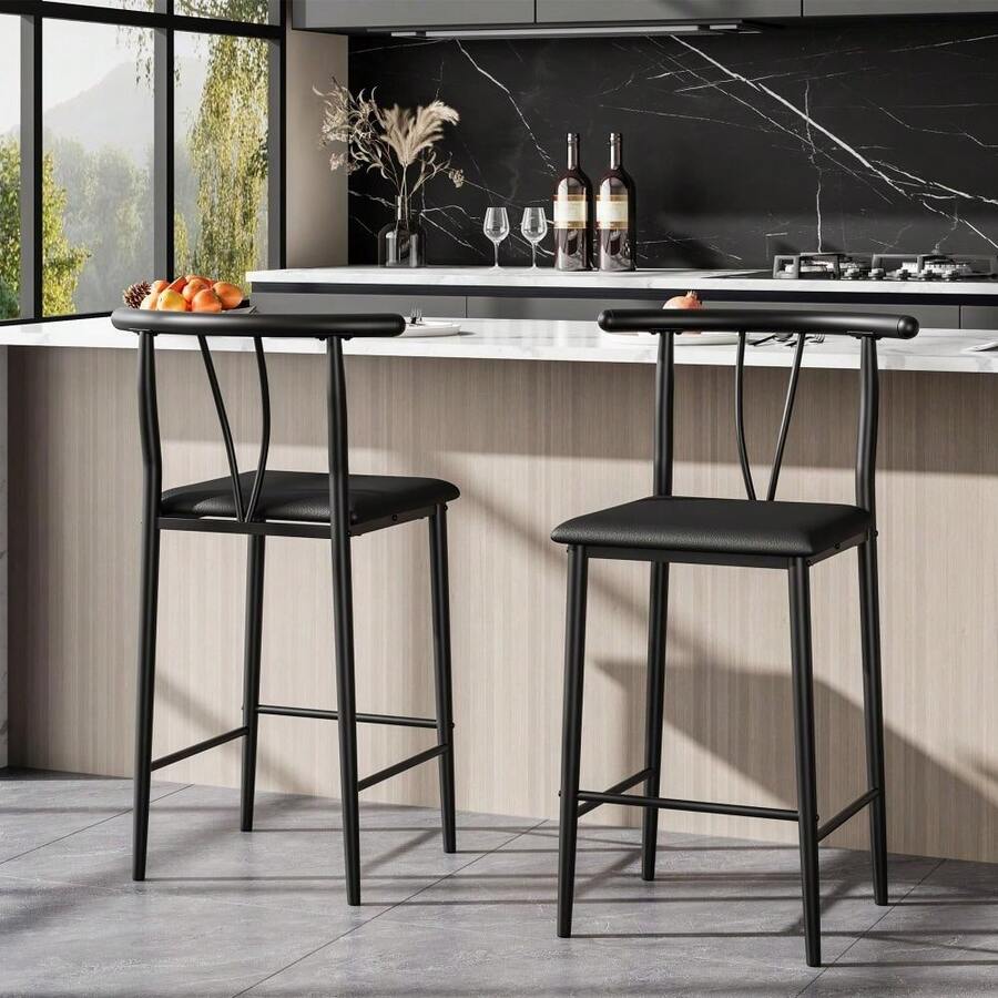 Huisuilinss Bar Stools Set Of 2/4,Counter Height Bar Stools Set,Metal Barstools With Wide PU Upholstered Seat,Bar Chairs With Footrest & Curved Back For Kitchen Islands Counter Bars - 2個 - 查看 1