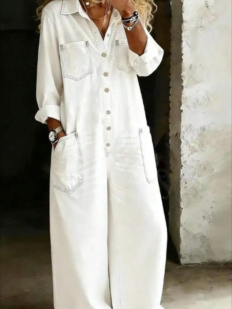 Daily Casual Spring And Autumn Fashion Sexy Single-Breasted Shirt Long Dress Loose Jumpsuit - 白色 - 查看 1