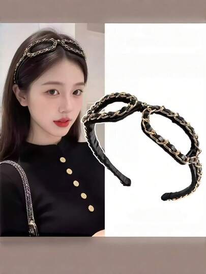 1Pc Black Gold Chain Eye-Shaped Headband For Women, Fashion Hollow Out High Top Hair Hoop, Non-Slip Wide Band Hair Accessory For Dating & Street Style