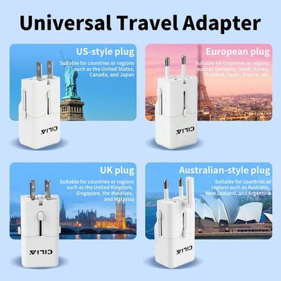 CILIA Bộ chuyển đổi nguồn du lịch đa năng, bộ sạc tường quốc tế tích hợp tất cả trong một với phích cắm US, EU, UK, AU, bộ chuyển đổi nguồn công suất cao 10A 2500W cho nhiều quốc gia, vật dụng cần thiết khi đi du lịch.