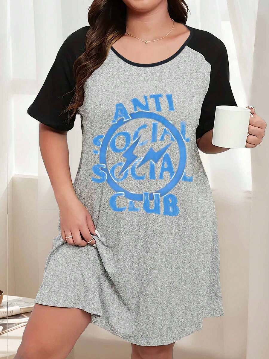 Women Plus Size Casual Sleep Dress Anti Social Social Club Print Soft Stretch Elegant Fashion Loungewear Comfortable Breathable Loose Fit Adult Pajamas Machine Washable Spring Summer Casual Wear 250g - Black and Gray - View 1