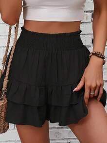 Women's Solid Ruffled Shorts, Low-Rise Elastic Waist Breathable Casual Beach Shorts - Black - View 4