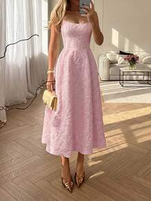 Floreya 夏季婚礼优雅纯色精致轻盈连衣裙，修身腰部吊带中长连衣裙，粉色派对 - 粉色 - 查看 3