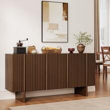 ONBRILL Walnut Brown 63" Fluted Sideboard Buffet Cabinet With Storage, Modern Credenza With 4 Doors, Large Sideboard Cabinet With Adjustable Shelves, Coffee Bar, Kitchen Cabinets For Living Room, Entryway - Walnut Brown BSB-217 - 查看 7