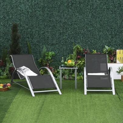 3-Piece Garden Set With Table And Sun Loungers, Black Metal Frame, Ideal For Terrace And Balcony.