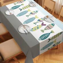 1 pieza Mantel con tema vintage de océano con patrones de salvavidas, ancla, peces y conchas, estilo costero azul y blanco, rectangular, adecuado para casa de playa, restaurante - Multicolor - Ver 4