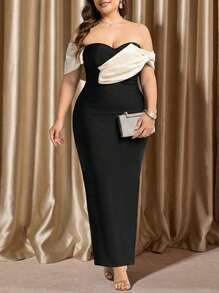 Voworia Robe de soirée moulante à épaules dénudées avec twist et couleurs contrastées, pour mariage, printemps, grande taille - Noir et Blanc - Voir 1