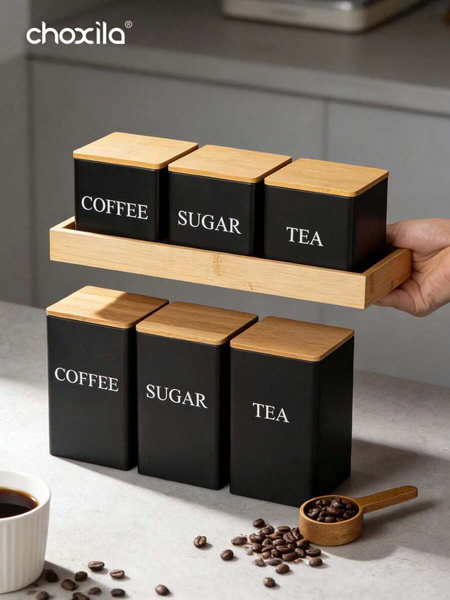 3pcs Coffee & Tea Storage Canister Set, Bamboo Lid Metal Frame Square Display Jars - Storage Jar - View 1