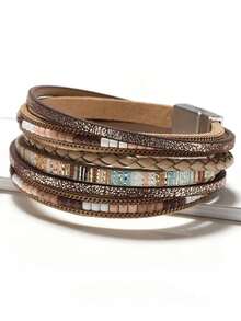 1条欧美风格锌合金和PU皮革磁扣卡其色手链，时尚通勤之选 - 卡其色 - 查看 2